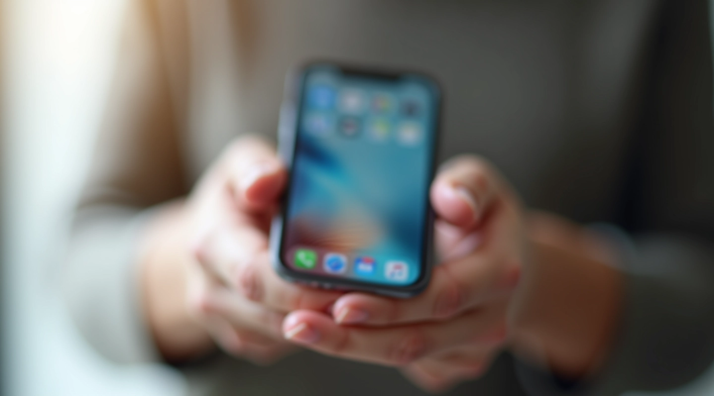 Hands holding a smartphone showing the home screen with various app icons clearly visible