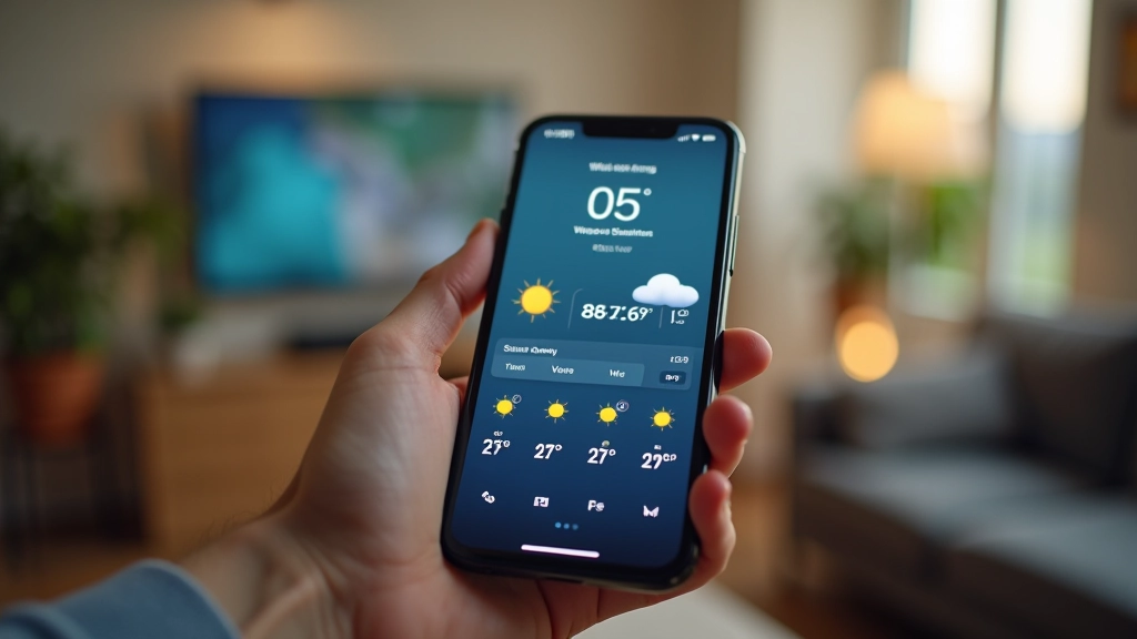 Weather app displayed on smartphone screen showing temperature, forecast, and weather conditions